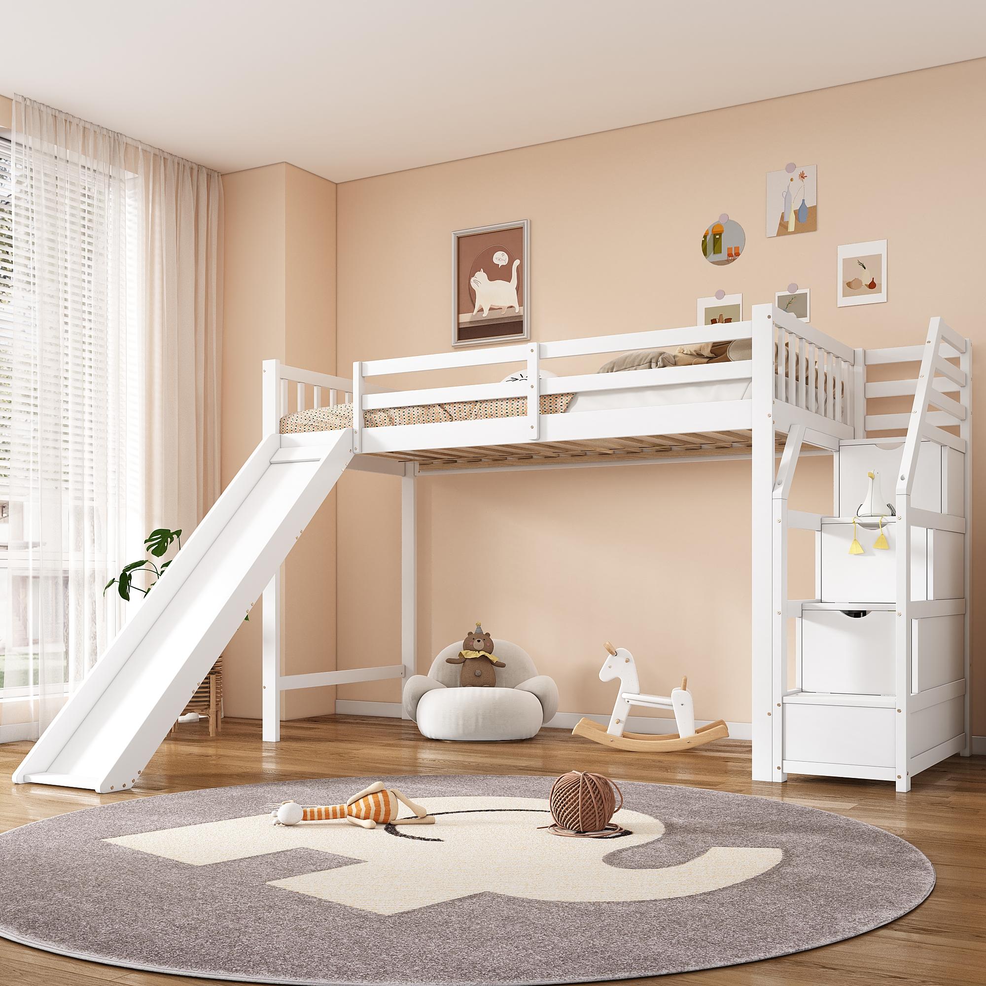 Merax Etagenbett Kinderbett 90x200cm, mit Rutsche, Ablageleiter, Lattenrost, Kiefer Massivholz, Hochbett, Stockbett, Jugendbett, Weiß