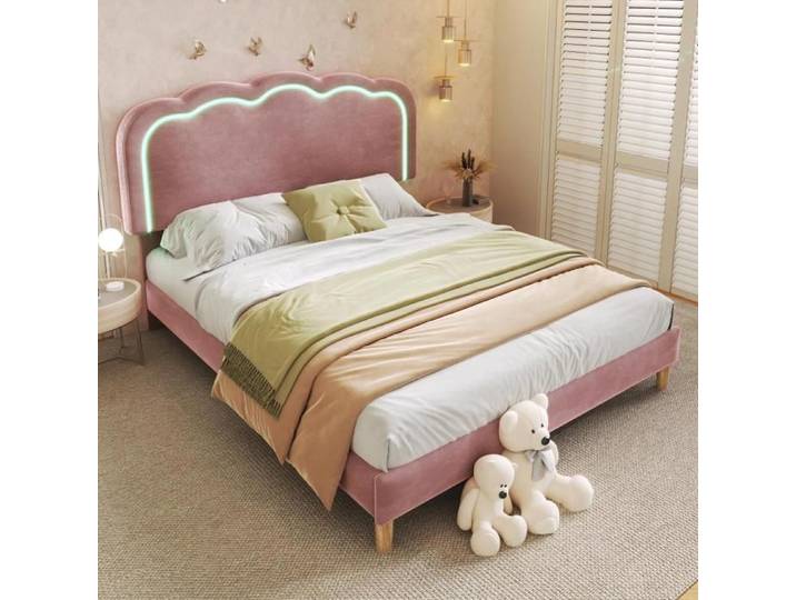 Lit 140x200 cm adulte LED lit double cadre de lit rembourré Rose