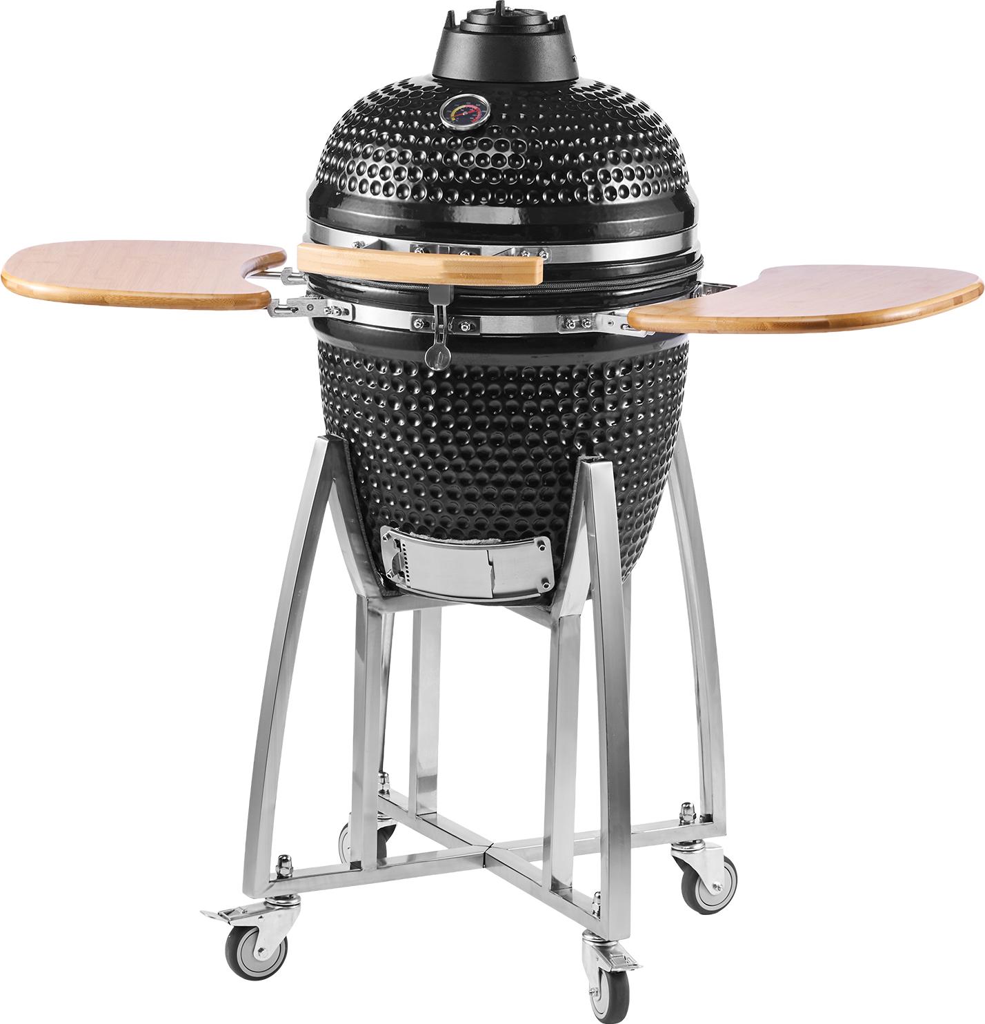 SucceBuy Keramikgrill Kamado, Smoker Ø 450 mm, mit Holzgriffen, klappbaren Seitenablagen, Metallgestell mit Rollen & Thermometer bis 400°C, regulierbarer Luftstrom oben & unten, ideal für BBQ, Grillen, Kochen & Backen im Freien