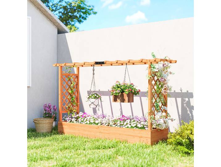 Outsunny Jardinière Surélevée avec Treillis Bois Naturel 200cm