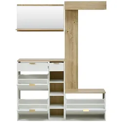 MODFU Flurgarderoben-Set 4-teilig Spanplatte Weiß/Natural 130x30x174 cm mit Schuhschrank, Bank, Spiegel & Paneel