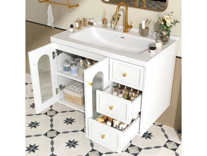 Lavabo avec meuble - Meuble de salle de bain simple avec meuble - 80 cm - Avec lavabo en céramique - Blanc