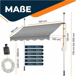 Kesser, Markise, Klemmmarkise Balkonmarkise mit Handkurbel und LED Lichterkette (1.50 m)
