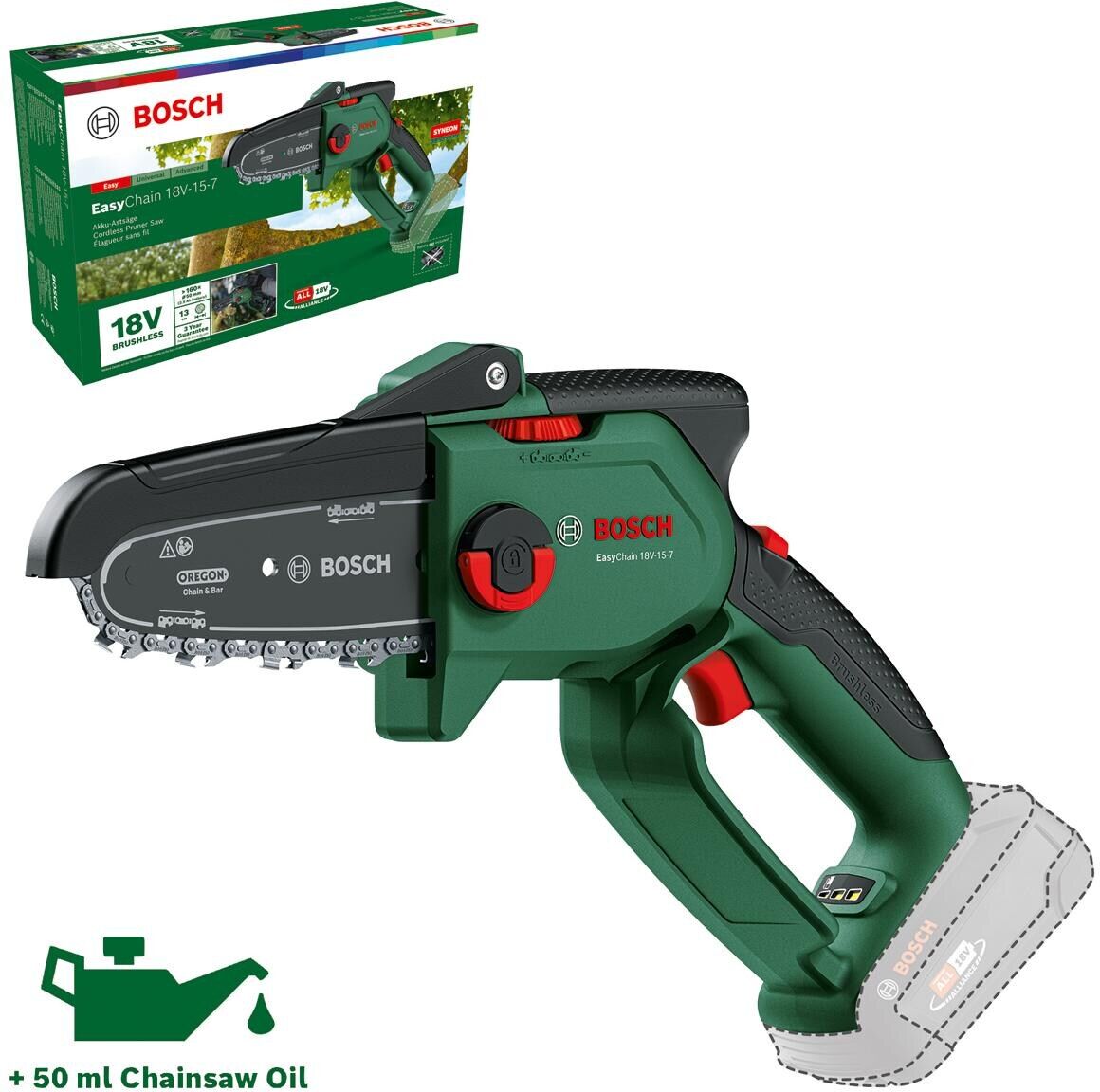 Akku-Kettensäge BOSCH "EasyChain 18 V-15-7 Solo", grün, Kettensägen, Akku-Kettensäge grün Einheitsgröße