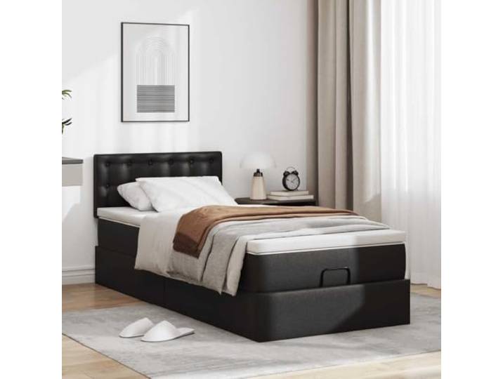 KTHLBRH Bett Pouf mit Matratze Schwarz 90 x 190 cm Kunstleder Mit Behälter, hydraulischer Anhebung, Taschenfederkernmatratze, waschbarer Matratzenbezug