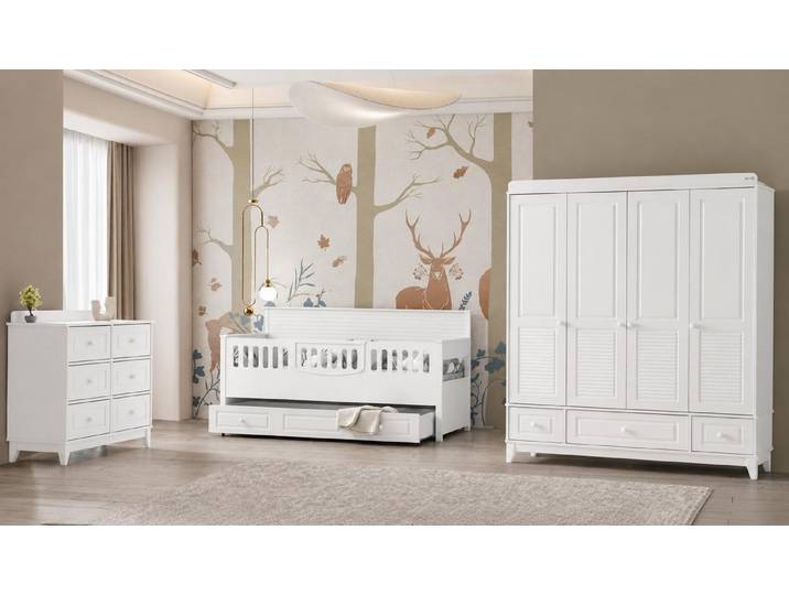 JVmoebel Schlafzimmer-Set Bett Kleiderschrank und Kommode in Weißer Farbe Kinderzimmer Set, (3-tlg), Made in Europa