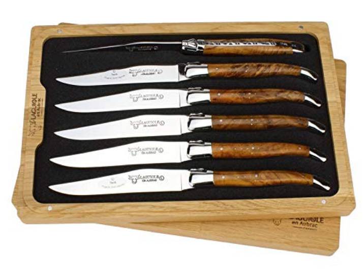 Laguiole en Aubrac - Set sechs französische Laguiole Steakmesser aus Frankreich - feines Teakholz - Stahl glänzend