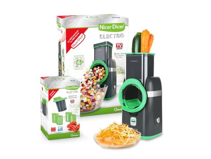 Genius Nicer Dicer Electro Gemüsehobel elektrisch, Grün 32-teiliges Deluxe-Set, 9 Einsätze, G-NOX-Edelstahlklingen, Secure Stop-Funktion, spülmaschinengeeignet