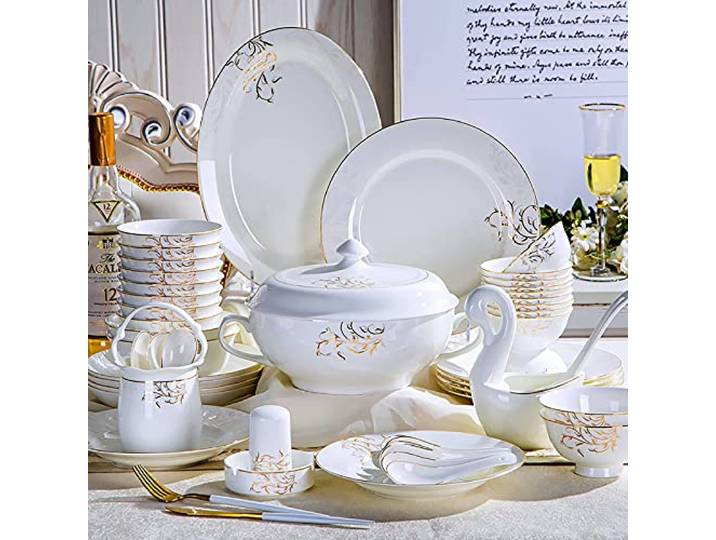 60-teiliges Geschirr-Set, weißes Porzellan-Geschirr aus Bone China mit runden Müslischalen Teller Geschirr und Suppentopf Service für 12 Personen Mikrowellen- und ofenfest
