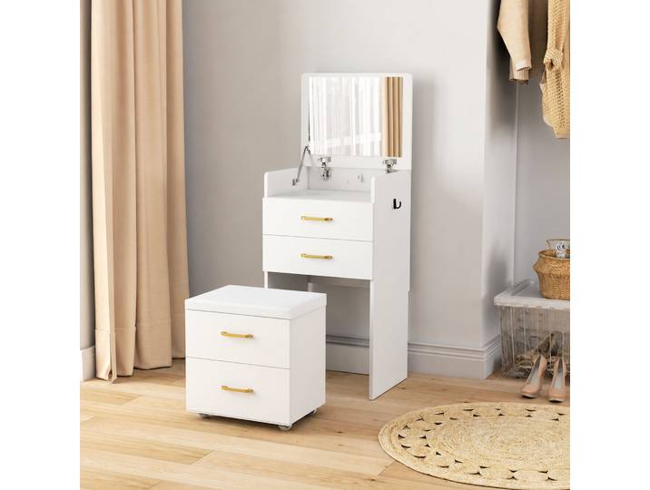HOMCOM Coiffeuse 3 Tiroirs avec Miroir et Tabouret Blanc