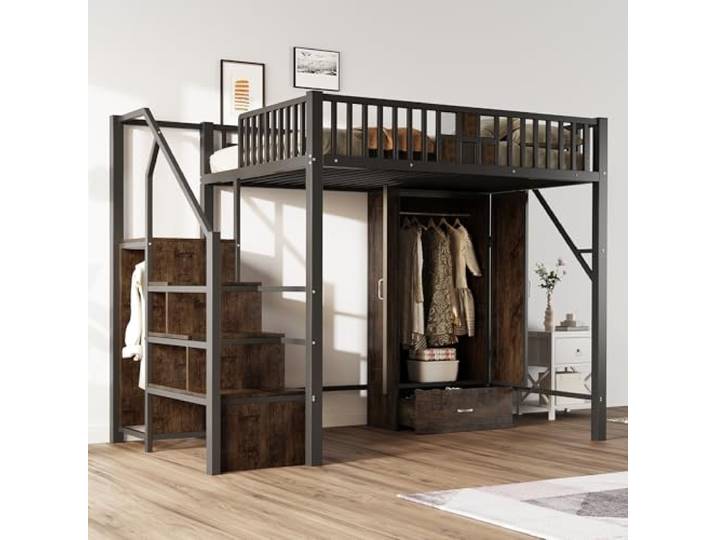 Merax Hochbett aus Metall, 140 x 200 cm, mit Drahtgitter, integriertem Schrank, Schubladen und Aufbewahrungsleiter, platzsparendes Kinderbett, modern und robust, schwarz (ohne Matratze)