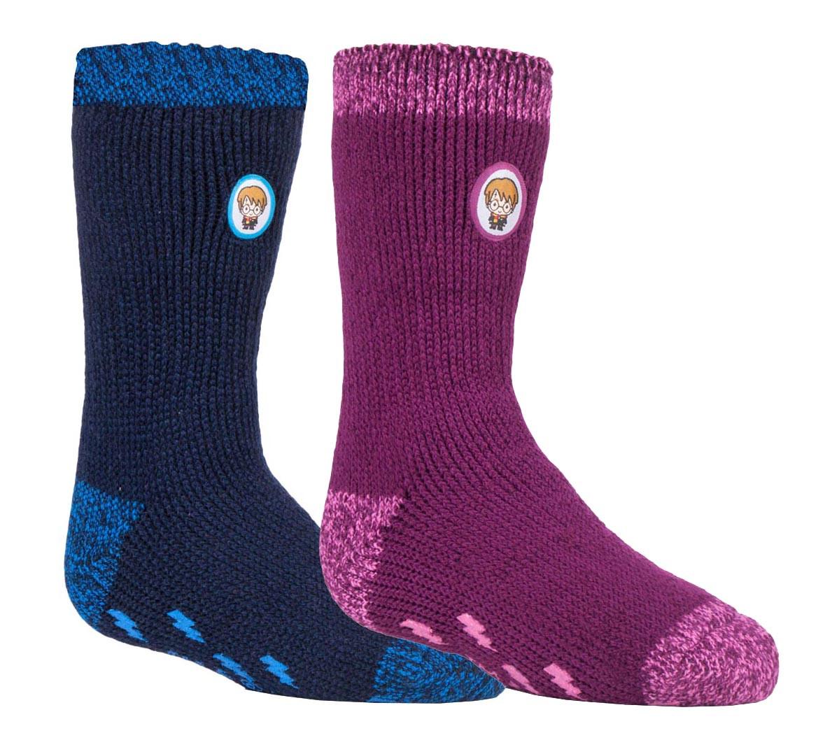 2 Paar Multipack Kinder Harry Potter Socken mit Griffen | Wärmehalter | Jungen & Mädchen thermische dicke rutschfeste Pantoffelsocken - HP Mix