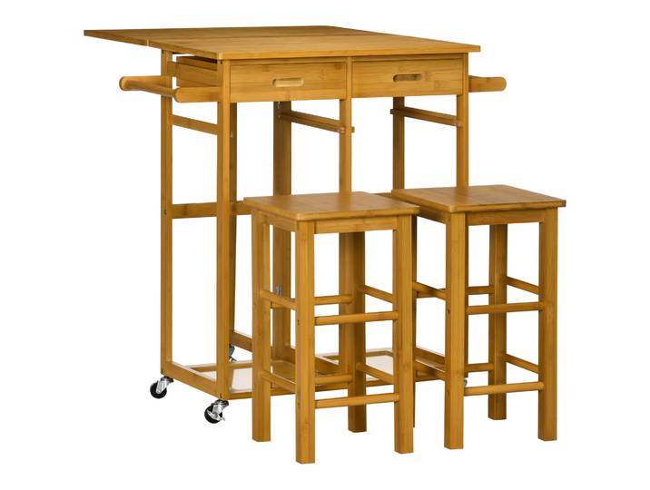 Ensemble table haute Homcom et 2 tabourets à roulettes, table de cuisine pliante avec tabourets 82,5x75,5x83,5 cm Marron