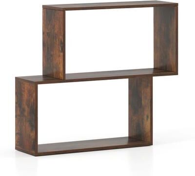Costway 3-Tier Geometric Bookshelf Freestanding Wooden Bookcase with 2 Cubic Compartments-Brown