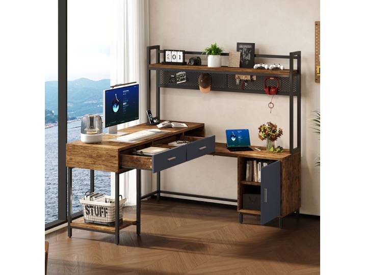Bureau d'angle - ZEVKOR - NK000305AAN - 2 tiroirs 1 porte - MDF & métal effet bois - 140x140x135 cm