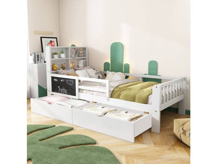 ULEVR Lit enfant multifonction blanc 90 x 200 cm avec sommier tiroirs et tableau noir