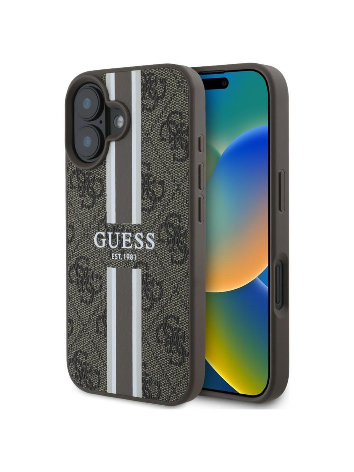 GUESS 4G Printed Stripes MagSafe iPhone 16 Case - Brown