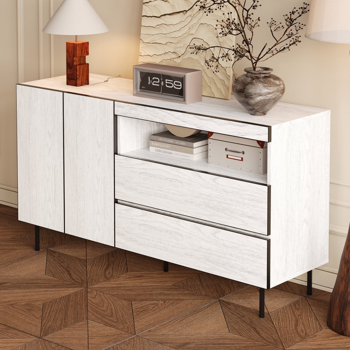 MODFU Sideboard Wit - Minimalistisch Design met Dubbele Deuren, Dubbele Laden en Open Vakken