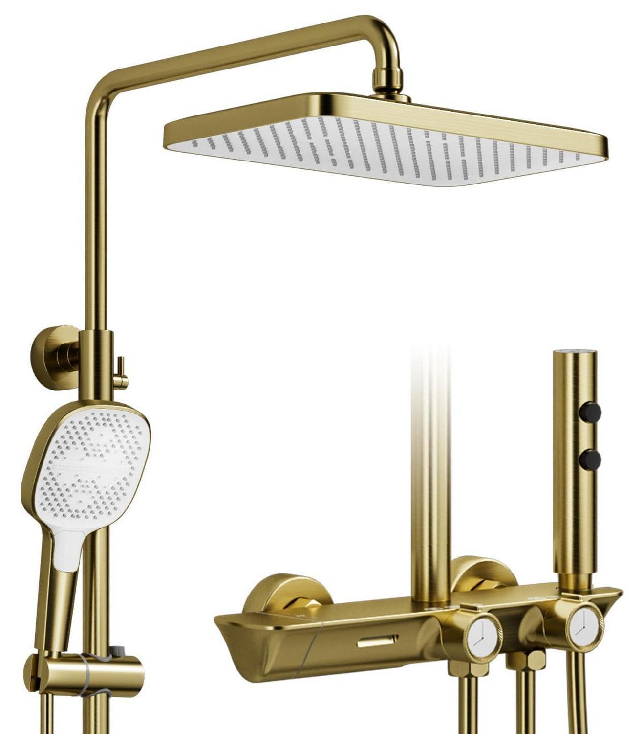 Duschsystem Thermostat Gebürstetes Gold 4-fach Auslaufregler