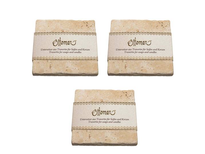 3er-Set Seifenablage aus Travertin, quadratisch, Farbton light-hellbeige, 10 x 10 cm
