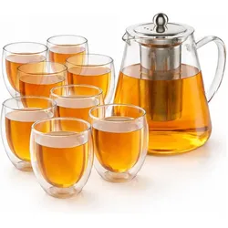 Arendo, Teekanne, Teekanne 1,2 l mit Edelstahl-Teesieb + 8 Thermogläser 450 ml ohne Henkel, Borosilikatglas (1.20 l)