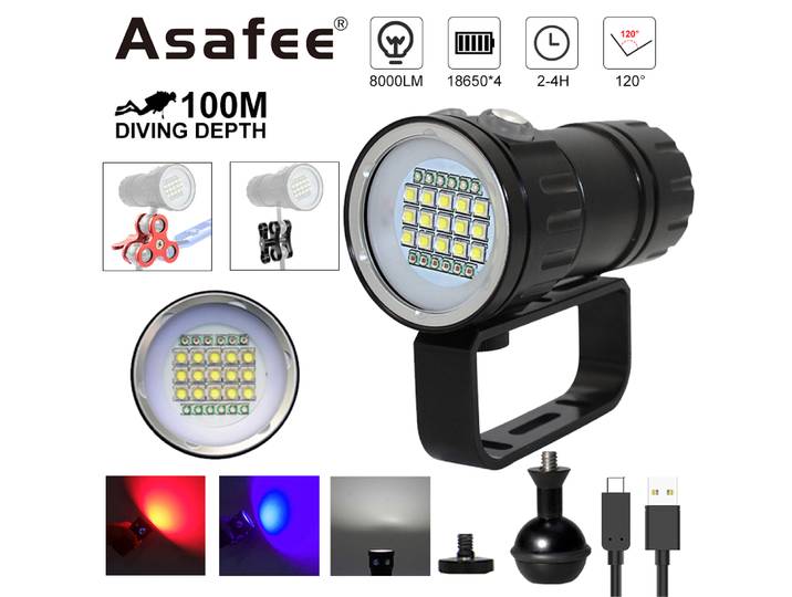Asafee C15 lampe de poche professionnelle pour photographie de plongée 8000LM torche de plongée Ultra 100M de profondeur IPX8 torche rouge/bleu/blanche étanche