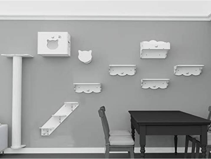 CatS Design Katzen Kletterwand Set XXL große Katzen stabil-Wandkratzbaum-Wandliege-Wandbett-Kletterstufen-Wandhöhle-Wand Kratzsäule-Wandelemente-8 Teilig Holz Wandpark E1
