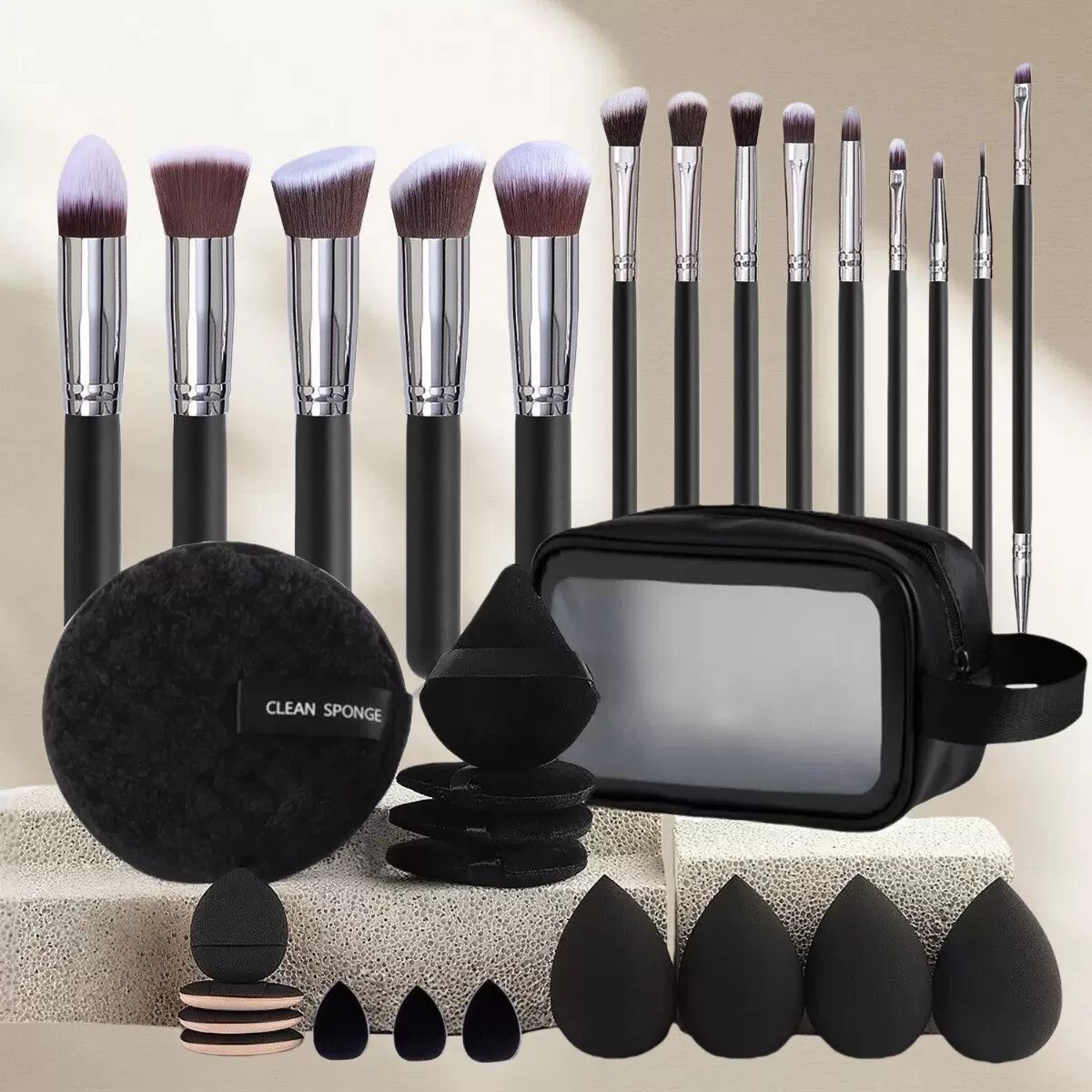 INF Ensemble de 14 pinceaux de maquillage avec éponges et houppettes - Pinceaux pour les yeux, la poudre et le voyage