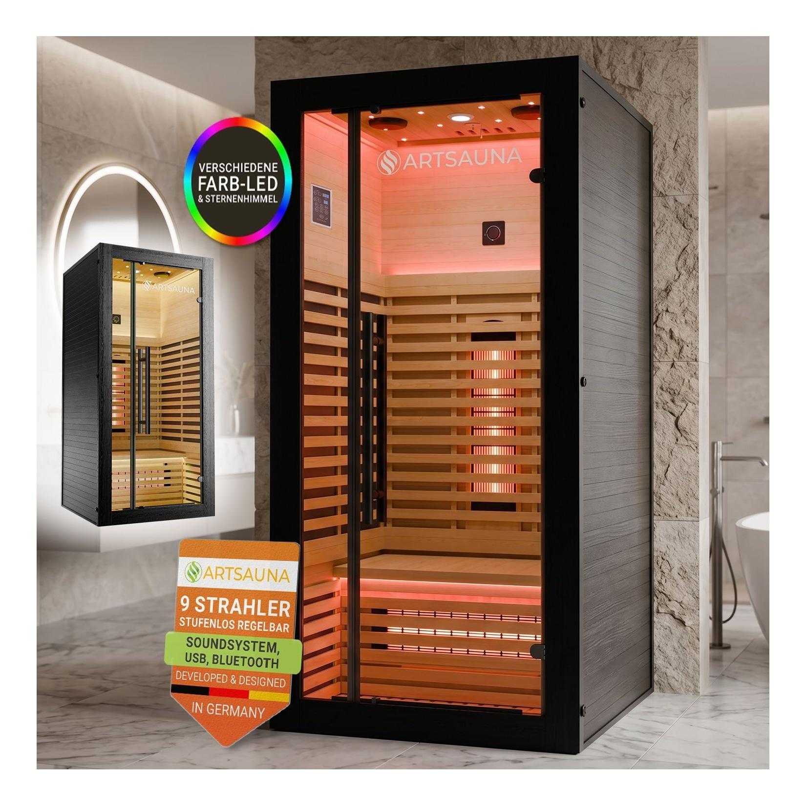 ARTSAUNA® Infrarotkabine Trondheim90 Schwarz - Vollspektrumstrahler mit LED-Beleuchtung, Bluetooth Audio, App-Steuerung, 1705 W Leistung