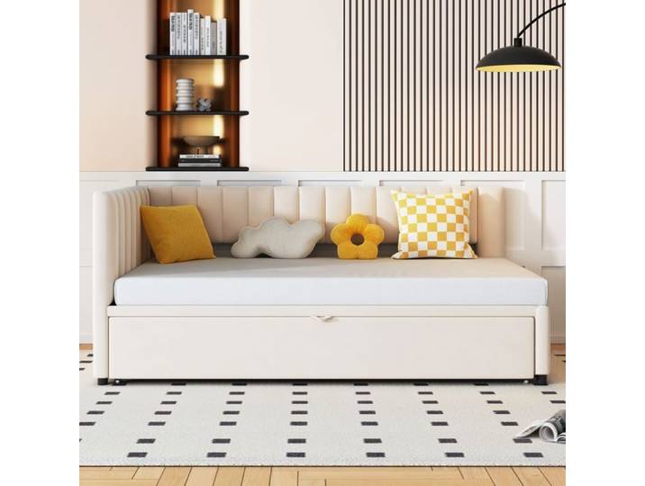 Canapé-lit multifonction velours beige 90/180x200cm avec lit gigogne design compact pour enfant/appoint-sans Matelas