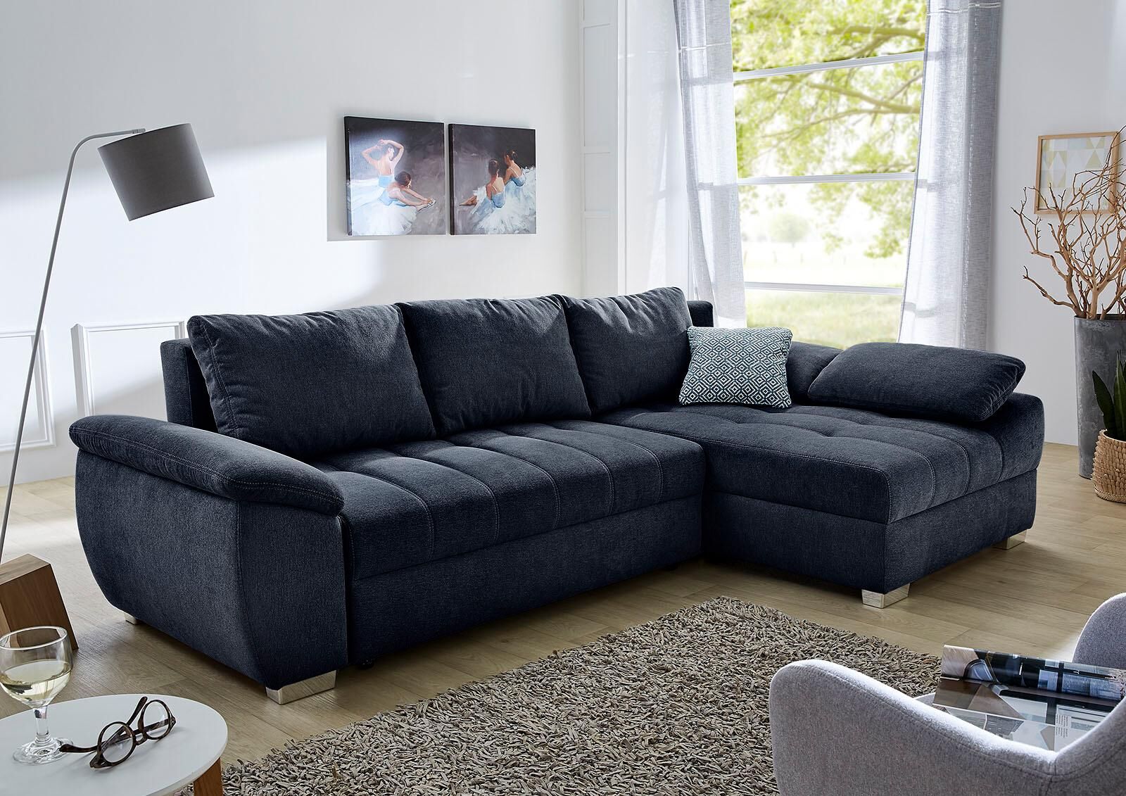 Ecksofa JOCKENHÖFER GRUPPE "Alster L-Form, B: 268 cm", blau (dunkel blau), B:268cm H:76cm T:161cm, Sofas, Ecksofa, mit Schlaffunktion, Bettkasten & Zierkissen dunkel blau B/H/T: 268cm x 76cm x 161cm, Luxus-Microfaser, Ottomane beidseitigmontierbar, Bettfu