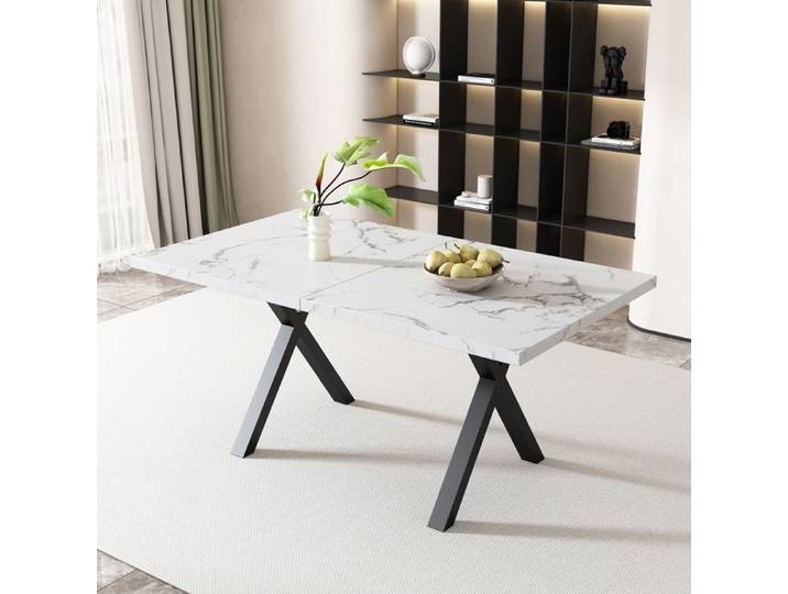 Table à Manger Rectangulaire Table à Manger Moderne Minimaliste en Fer Forgé Design Jambes Croisées 140x80x76cm Marbre Blanc