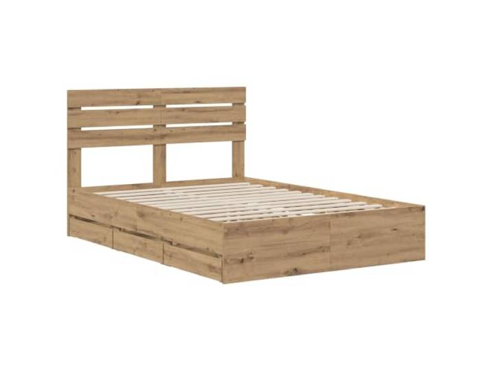 KTHLBRH Bettgestell mit Kopfteil und Stauraum, Eichenholz, handgefertigt Technisches Holz, versteckte Schubladen, feste Latten, freistehende Struktur, minimalistisches Design