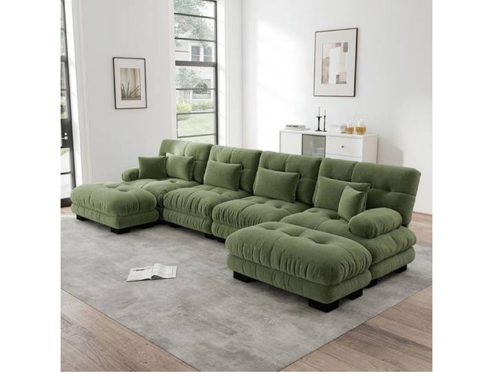 Canapé d'angle modulaire - Ensemble 4 places - 406x145x81 cm - Vert - Chenille - Ottoman mobile - Combinaison DIY