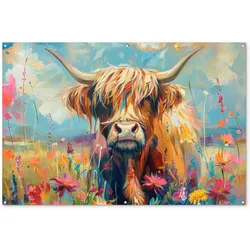 GARTENPOSTER Schottische Hochländer - Natur - Farbenfroh - Blumen Poster für draußen 180x120 cm