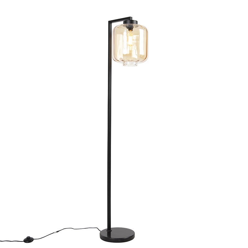 Qazqa Down design vloerlamp zwart met amber glas