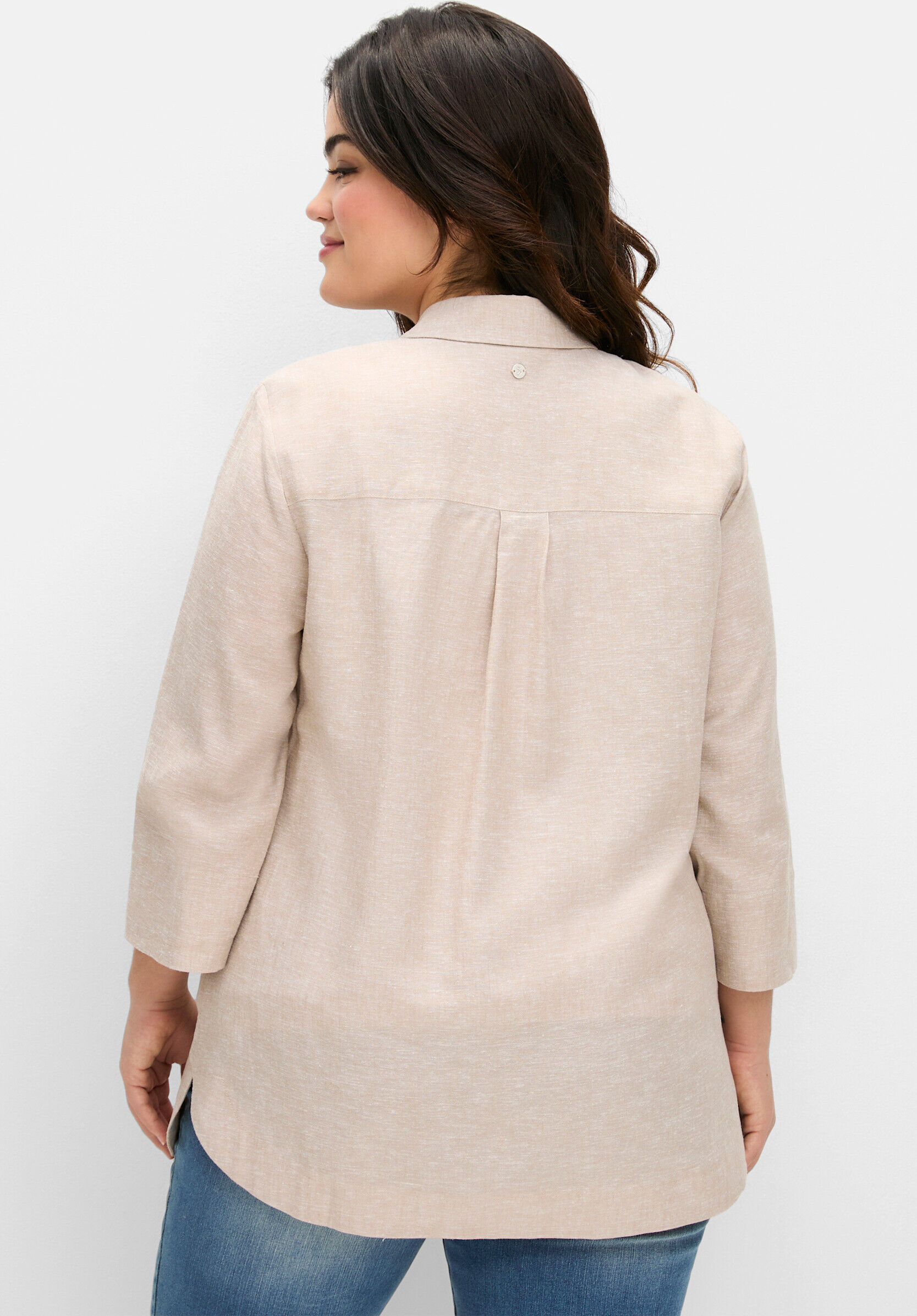 Hemdbluse SHEEGO "3/4-Arm-Bluse Hemdbluse mit feinen Streifen, im Leinen-Mix", Damen, Gr. 48, beige, Modisch, Blusen Hemdbluse