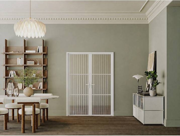 Reversible Innentür mit zwei Flügeln aus Aluminium und Strukturiert Sicherheitsglas - 2 x H204 x B73 cm - Weiß MASERU