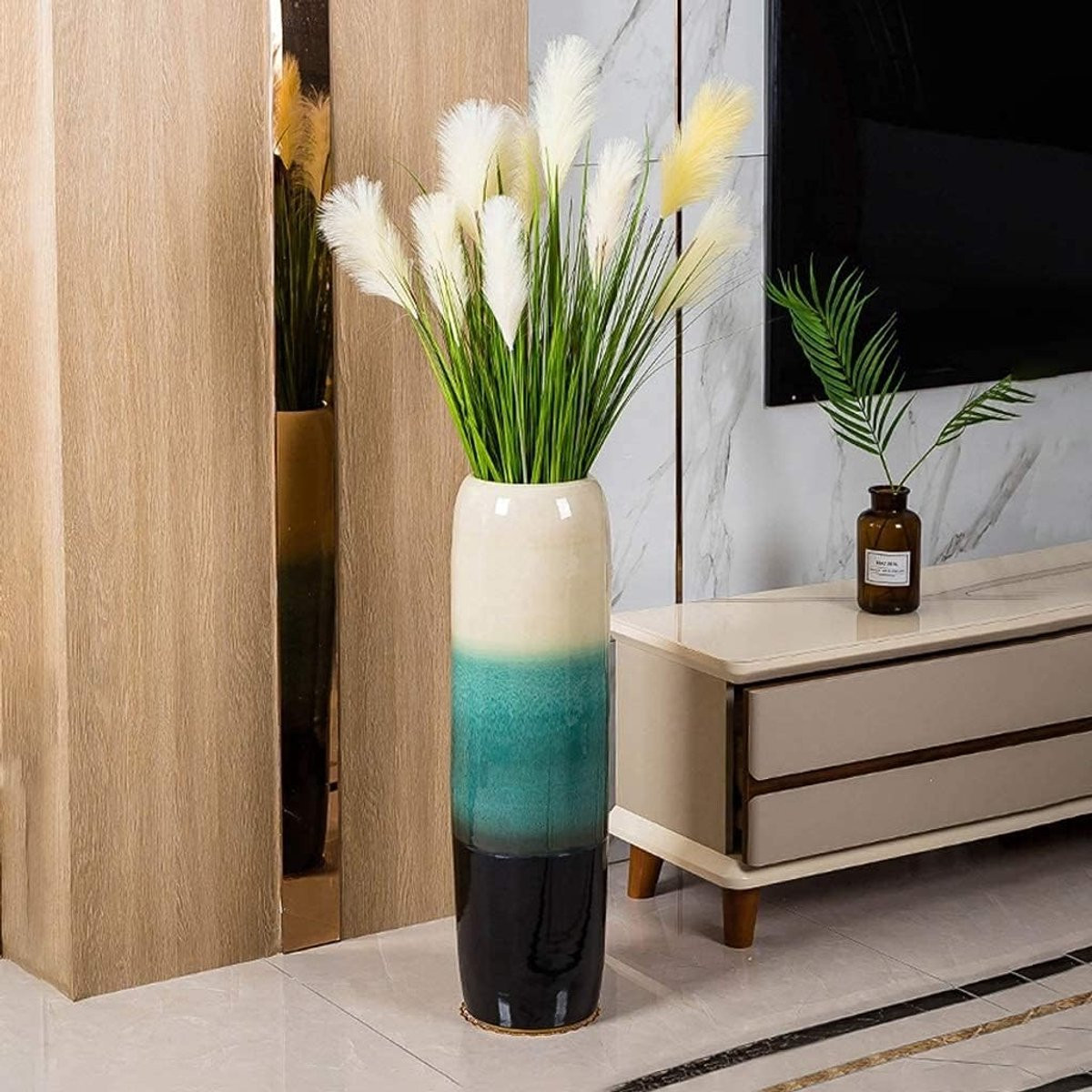 Grote witte keramische vloervaas met handgemaakt ontwerp, Hoogte: 60 cm