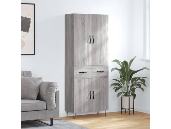 Elegantes Highboard mit Wandhalterung in Grau Sonoma 69,5x34x180 cm, Weißes Highboard fürs Wohnzimmer mit viel Stauraum, mit Türen zur Aufbewahrung aus Holzwerkstoff