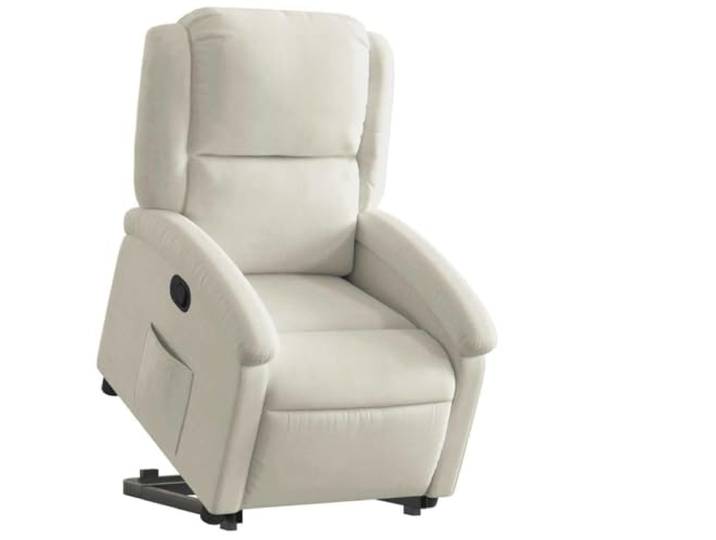 Relaxsessel mit Aufstehhilfe Creme Samt Elektromotor für Aufstehen,manuelle Liegefunktion bis 135 Grad,Seitentasche,Holz-und-Metall-Rahmen,max 110 kg