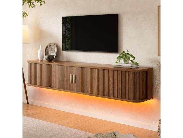 Meuble TV Suspendu Flottant avec éclairage LED Meuble TV Mural Banc TV avec 1 Tiroir et 2 Portes Coulissantes 175x30x30cm Noyer