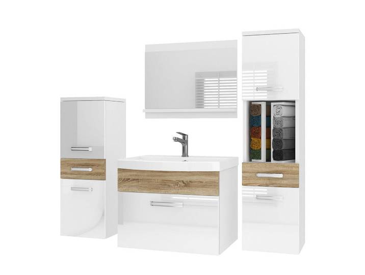 B Belini Group Badmöbel Badezimmer SET PRI Pm5, Weiß/Sonoma Eiche Hochglanz, 120 cm, Weiß, Sonoma Eiche, Holz, Rechteckig, 38.7x113.5x120 cm, Badezimmer, Badmöbelsets & Badmöbelserien, Badmöbel-Sets