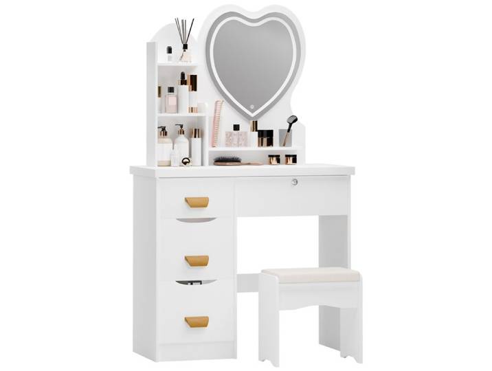 Coiffeuse avec miroir - CREMLANK - 4 tiroirs - 80X40X135CM - En forme de cœur - Eclairé par LED - Avec tabouret