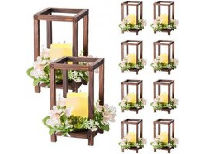 VEVOR 10er-Set Holzlaternen für Hochzeiten, inkl. 10 Holzlaternen-Kerzenhaltern, 10 flammenlosen LED-Kerzen, 10 Champagner-Blumenkränzen für Hochzeitstisch, Party, Bauernhaus-Dekoration, Braun