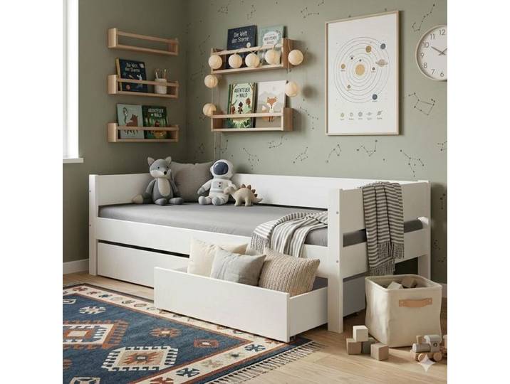 Bett Tacora Buche teilmassiv mit Lattenrost und Schubkasten 90x200 cm 90x200cm Weiß klassischer Stil,