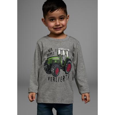 Langarmshirt KIDSWORLD "Shirt mit Spruch: WER BREMST, VERLIERT", Jungen, Gr. 92/98, grau (grau meliert), Jersey, Obermaterial: 85% Baumwolle, 15% Viskose. Obermaterial Melange: 85% Baumwolle, 15% Viskose, bedruckt, Basic, Shirts Langarmshirt,...