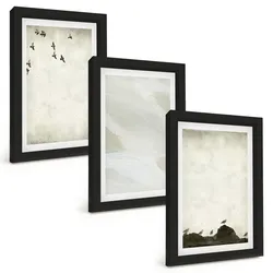 BILDER SET 3er Set - 20x30 cm Schwarzer Rahmen - Vögel, Steine, Pinselstriche, Verzierungen