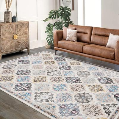 Garvee Boho Floral Checkerboard Washable Area Rug for Bedroom Living Room Non-Slip Oriental Accent Throw Carpet