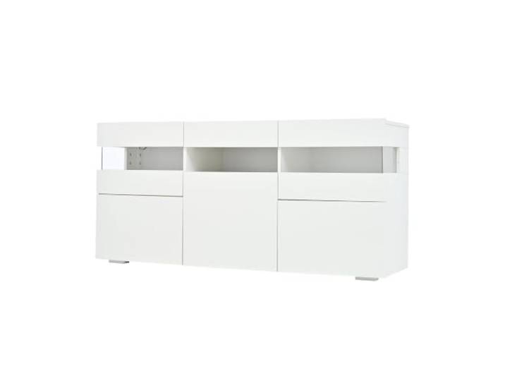 Wohnzimmer Sideboard 140cm Weiß mit LED Licht Hochglanz-Weiß, MDF, 140x33x70cm, 3 Türen mit Sicherheitsglas, LED per App, USB, Montage nötig